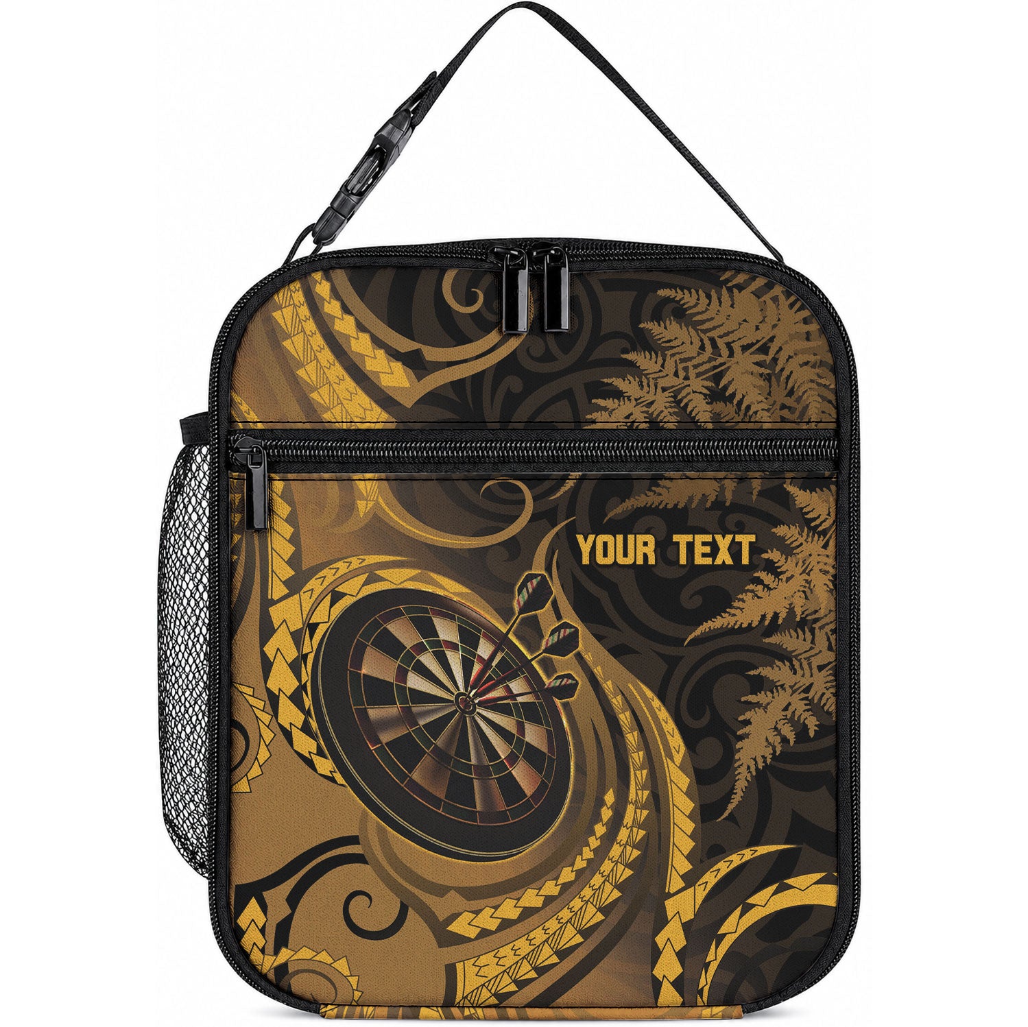 Personalised New Zealand Gold Darts Lunch Bag Maori Fern Curve Style