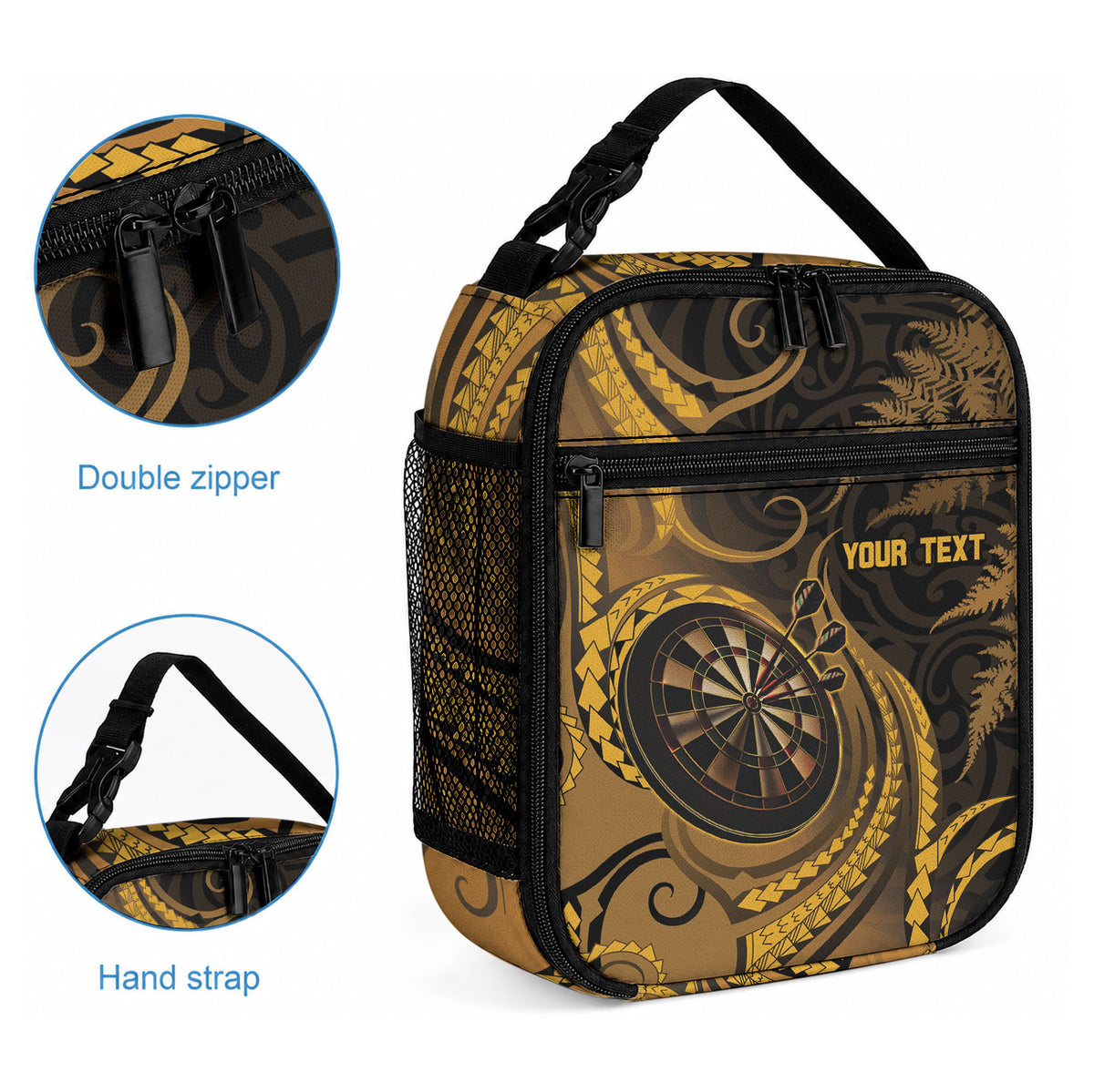 Personalised New Zealand Gold Darts Lunch Bag Maori Fern Curve Style