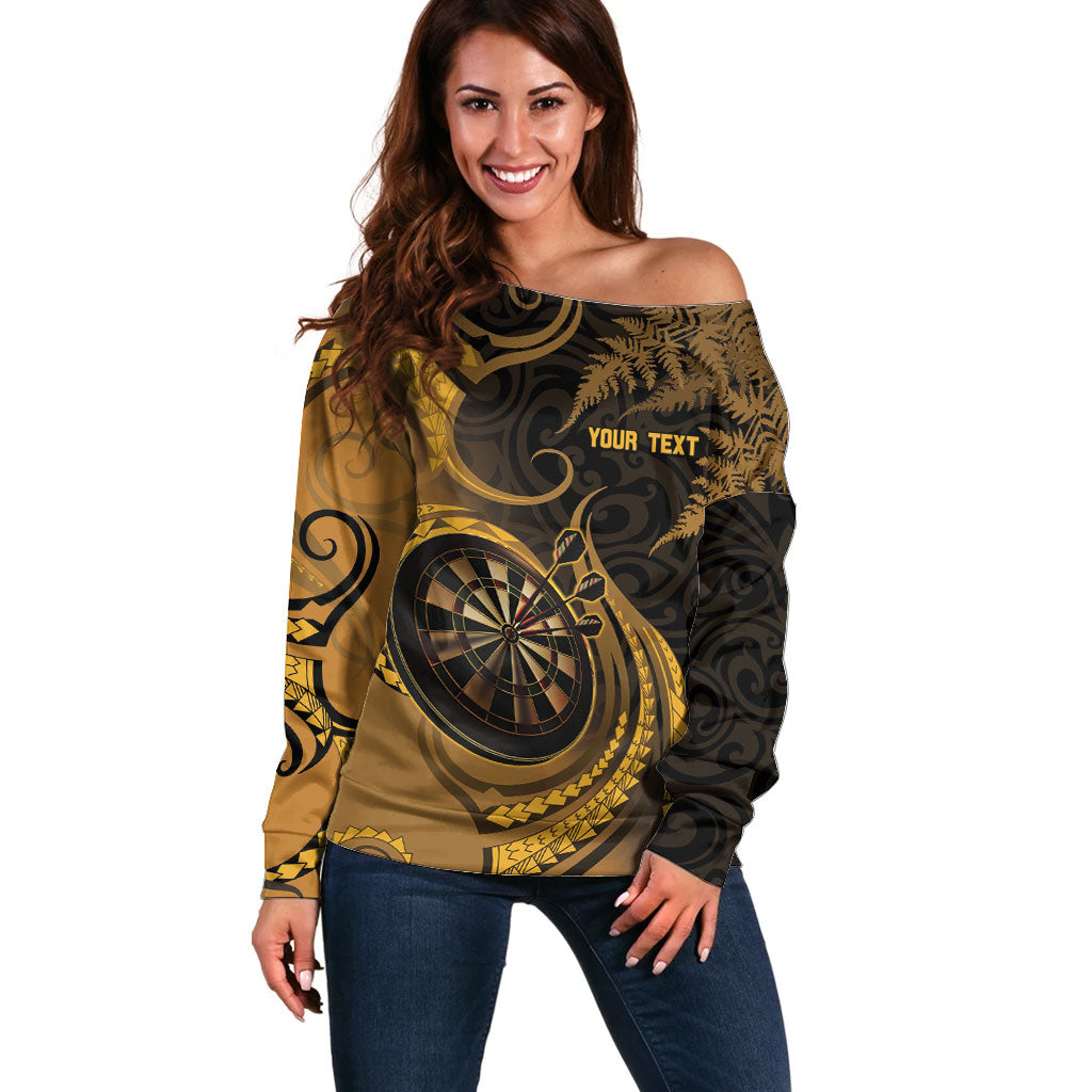 Personalised New Zealand Gold Darts Off Shoulder Sweater Maori Fern Curve Style