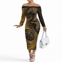 Personalised New Zealand Gold Darts Off The Shoulder Long Sleeve Dress Maori Fern Curve Style