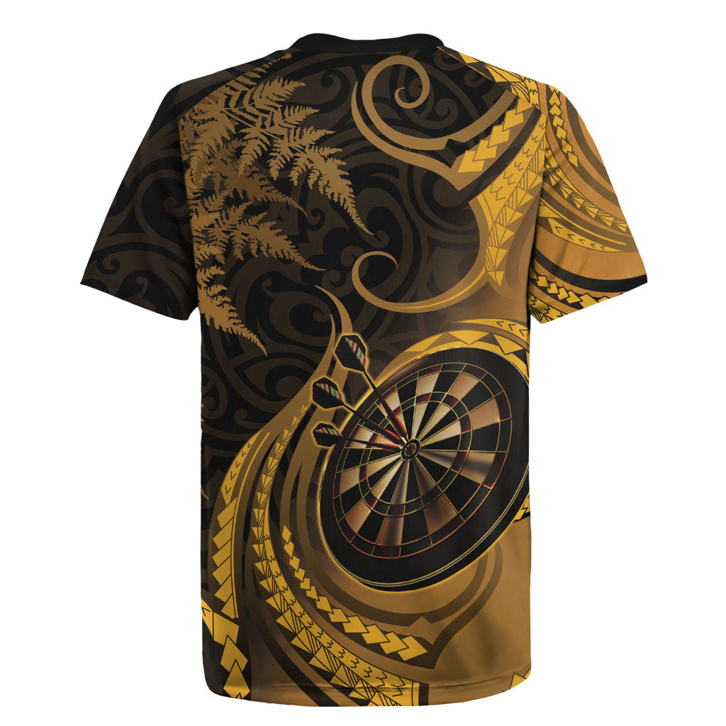 Personalised New Zealand Gold Darts Rugby Jersey Maori Fern Curve Style