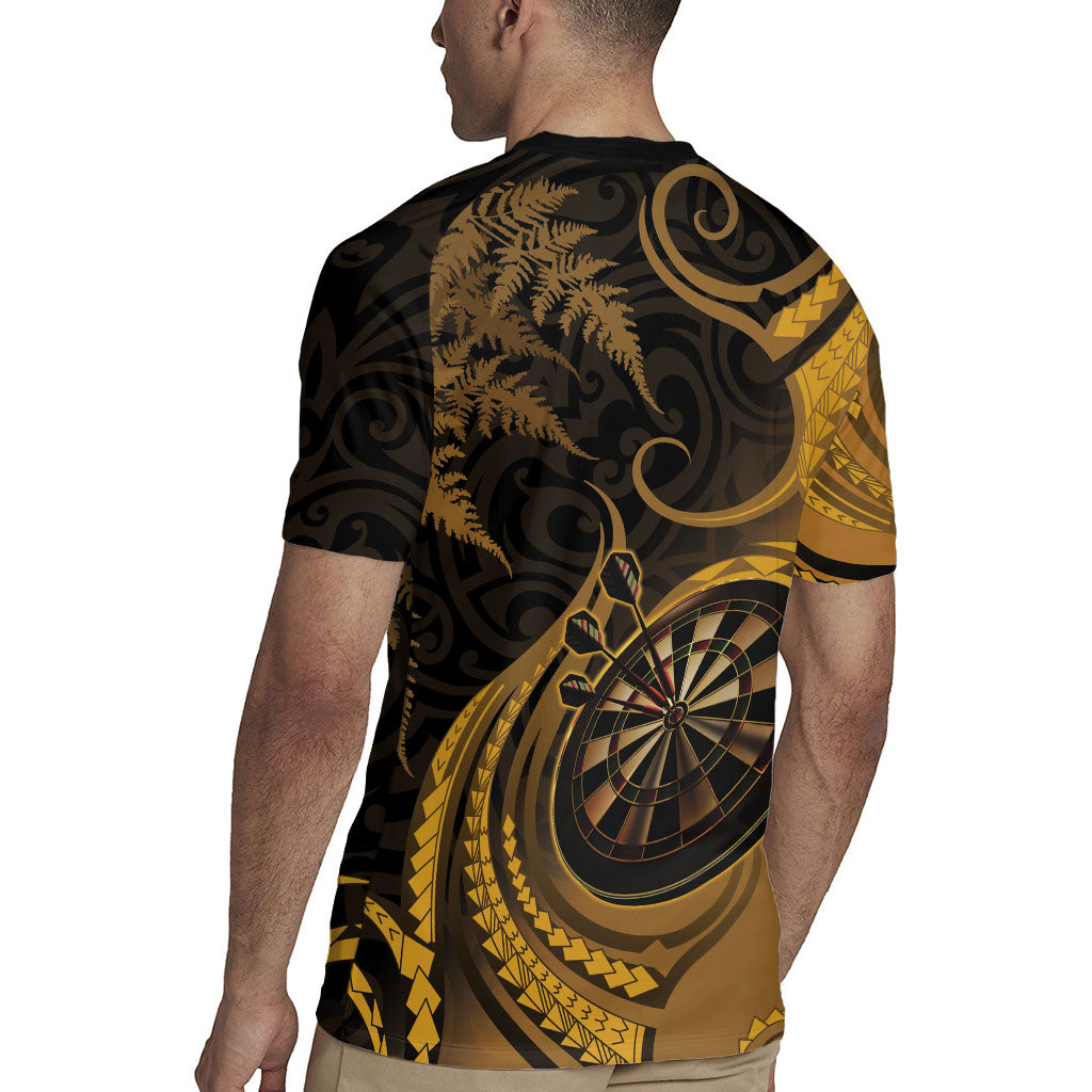 Personalised New Zealand Gold Darts Rugby Jersey Maori Fern Curve Style