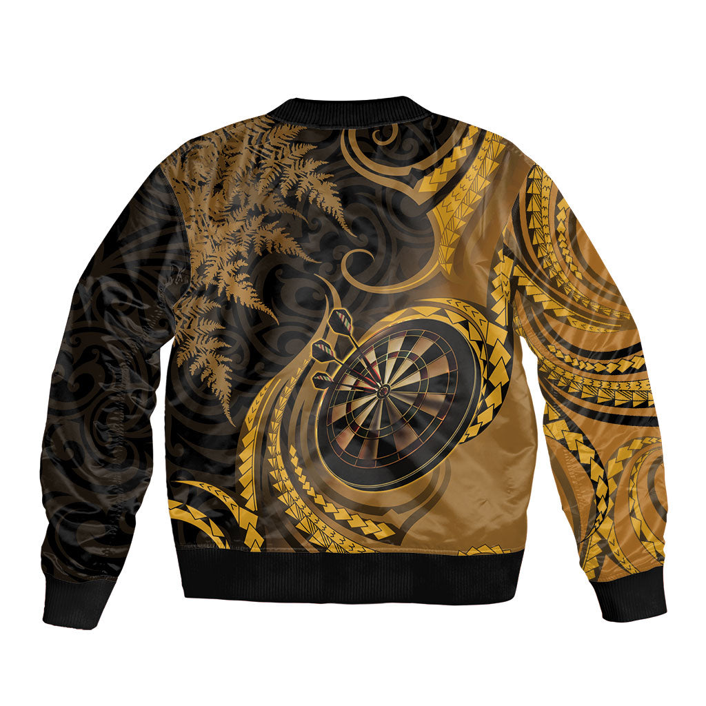 Personalised New Zealand Gold Darts Sleeve Zip Bomber Jacket Maori Fern Curve Style