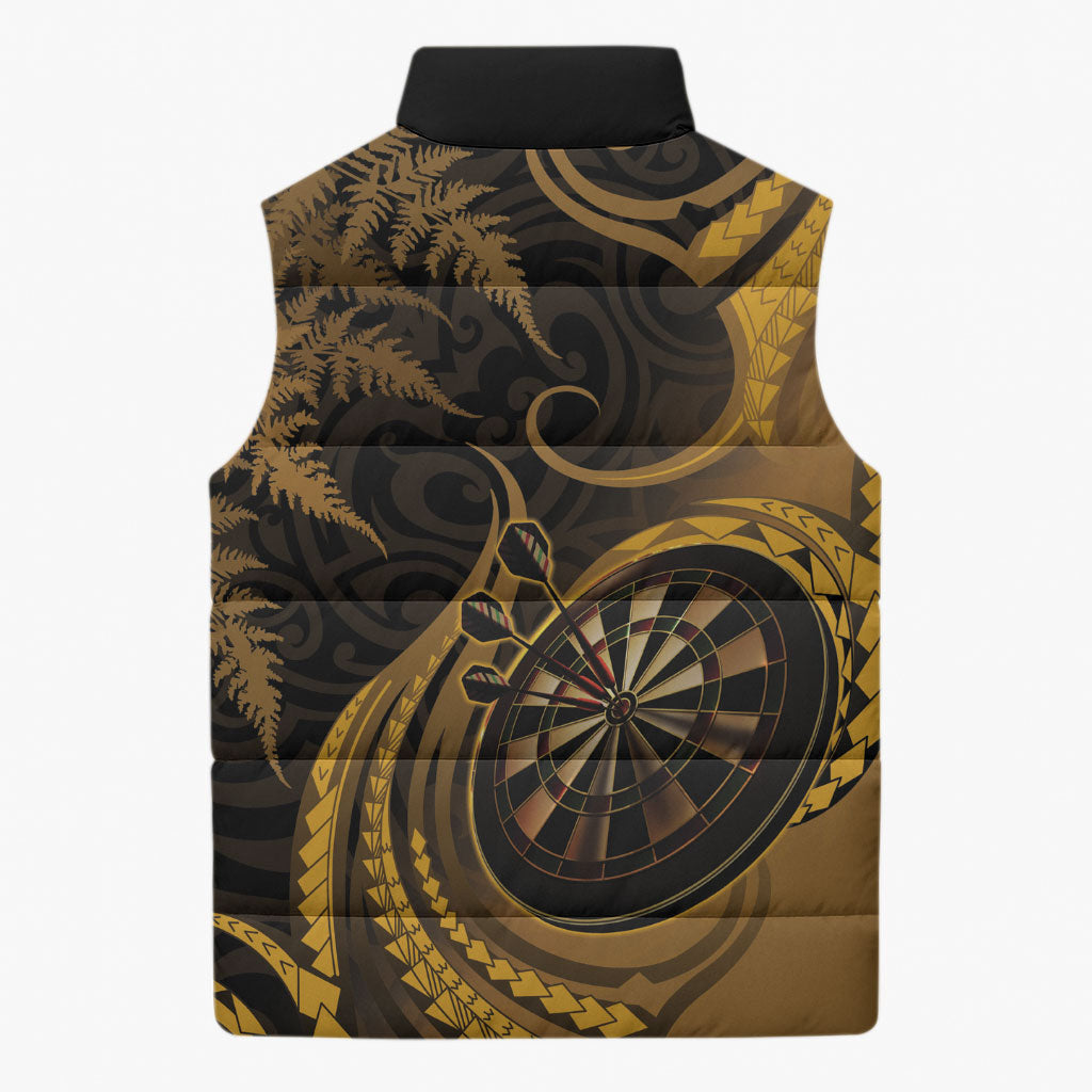 Personalised New Zealand Gold Darts Sleeveless Puffer Jacket Maori Fern Curve Style