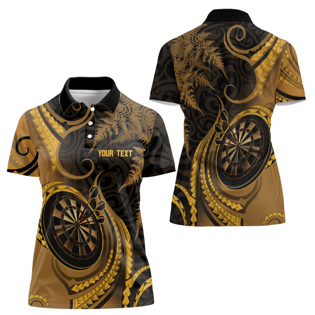 Personalised New Zealand Gold Darts Women Polo Shirt Maori Fern Curve Style