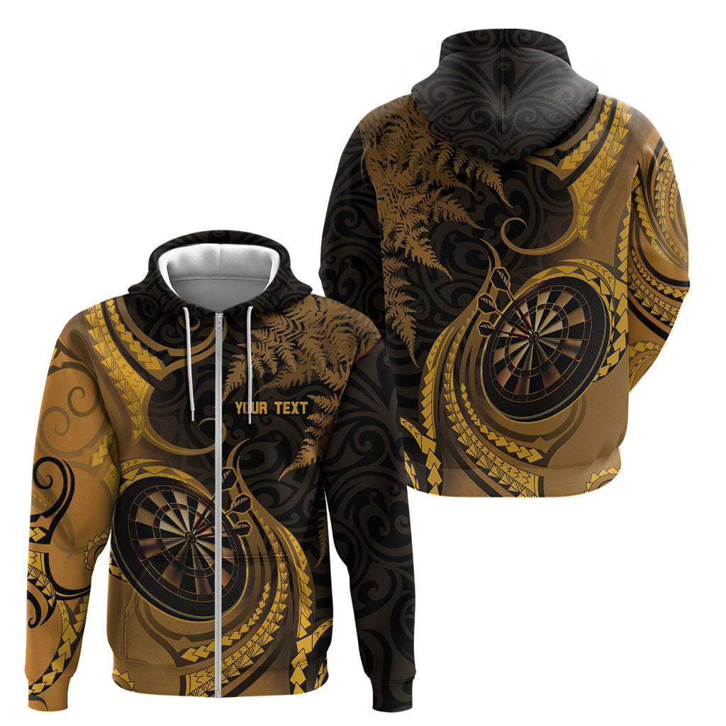 Personalised New Zealand Gold Darts Zip Hoodie Maori Fern Curve Style