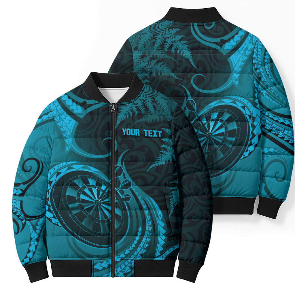 Personalised New Zealand Turquoise Darts Bomber Puffer Jacket Maori Fern Curve Style