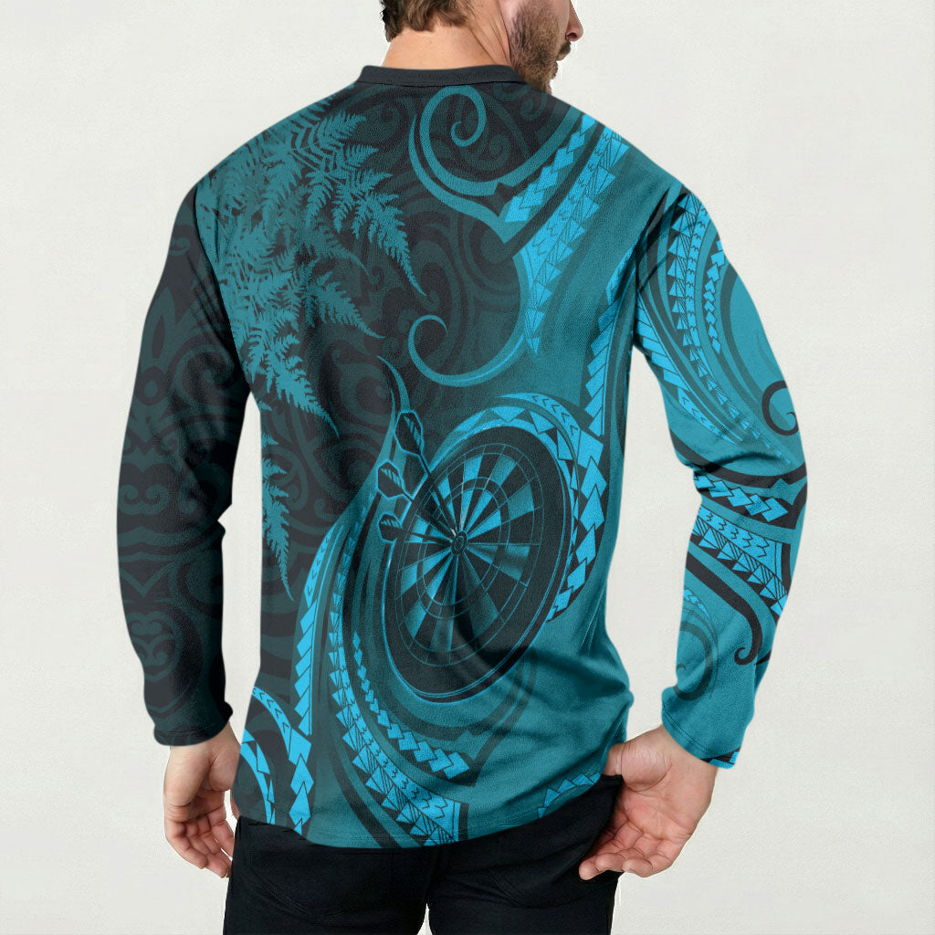 Personalised New Zealand Turquoise Darts Button Sweatshirt Maori Fern Curve Style