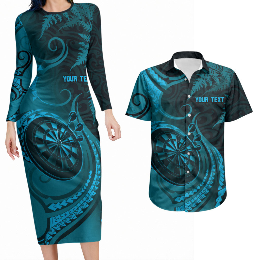 Personalised New Zealand Turquoise Darts Couples Matching Long Sleeve Bodycon Dress and Hawaiian Shirt Maori Fern Curve Style