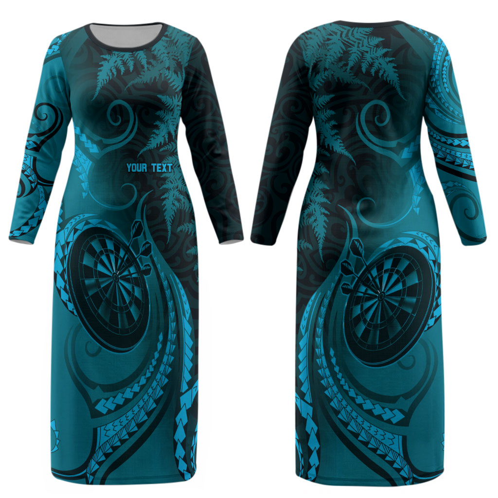 Personalised New Zealand Turquoise Darts Couples Matching Long Sleeve Bodycon Dress and Hawaiian Shirt Maori Fern Curve Style