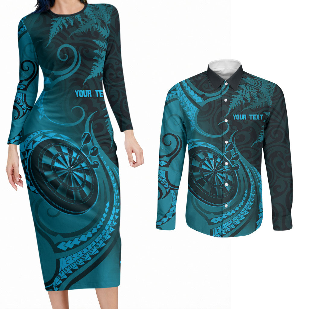 Personalised New Zealand Turquoise Darts Couples Matching Long Sleeve Bodycon Dress and Long Sleeve Button Shirt Maori Fern Curve Style