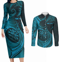 Personalised New Zealand Turquoise Darts Couples Matching Long Sleeve Bodycon Dress and Long Sleeve Button Shirt Maori Fern Curve Style