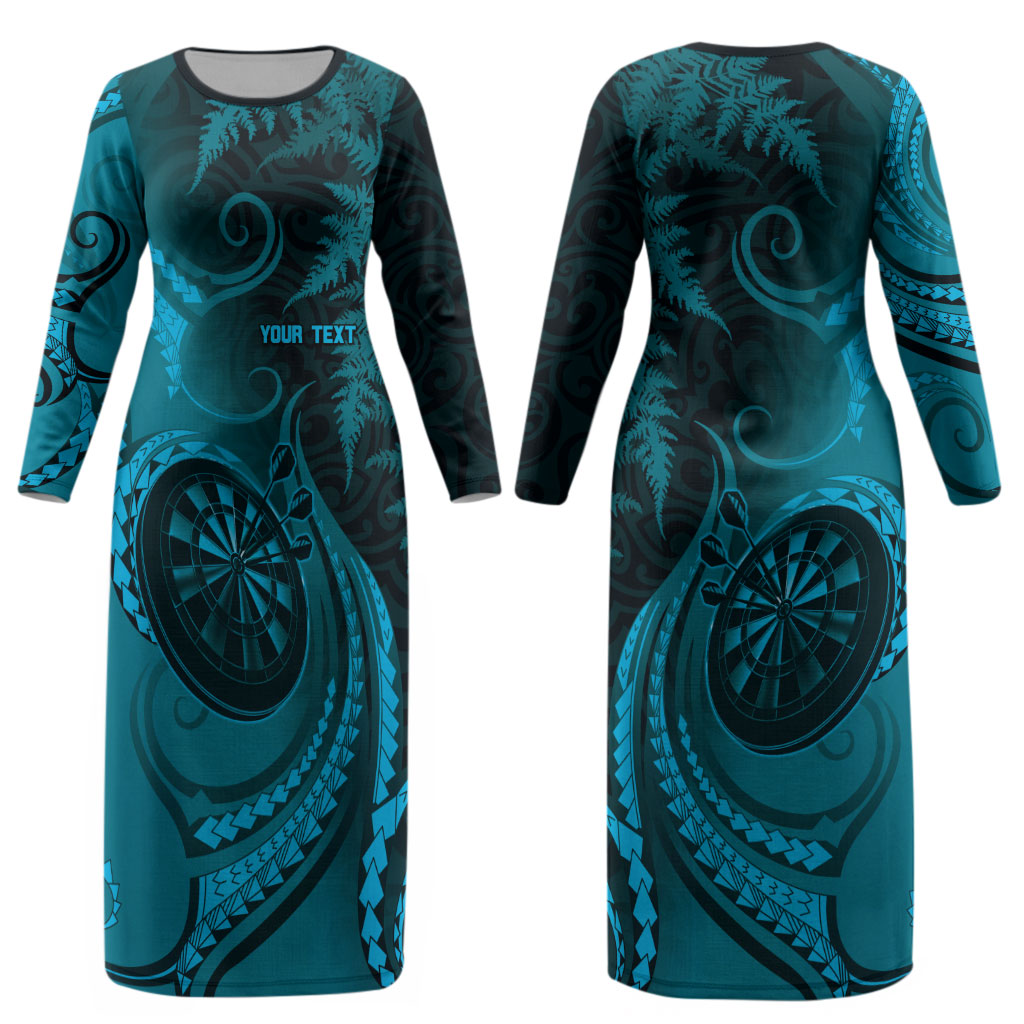 Personalised New Zealand Turquoise Darts Couples Matching Long Sleeve Bodycon Dress and Long Sleeve Button Shirt Maori Fern Curve Style