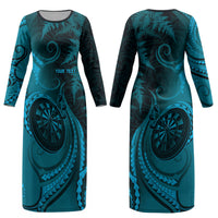 Personalised New Zealand Turquoise Darts Couples Matching Long Sleeve Bodycon Dress and Long Sleeve Button Shirt Maori Fern Curve Style