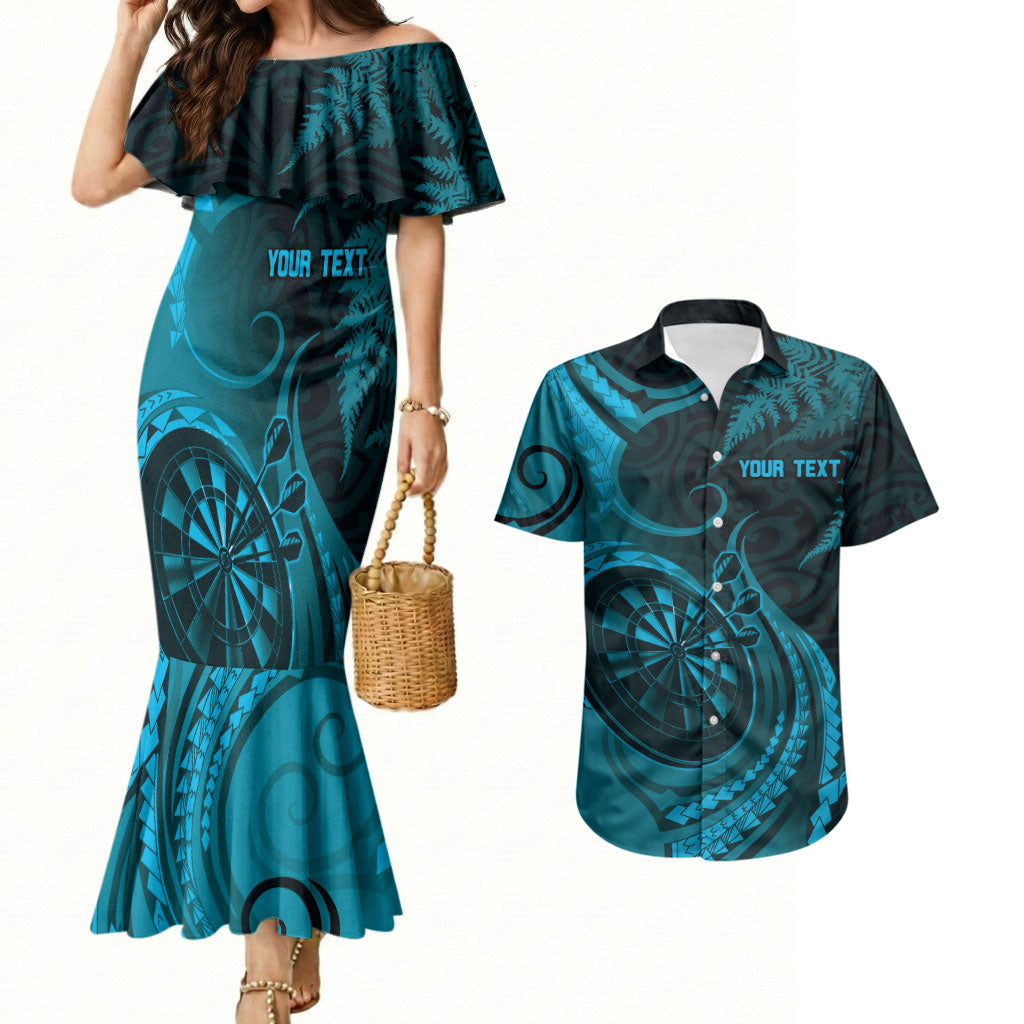 Personalised New Zealand Turquoise Darts Couples Matching Mermaid Dress and Hawaiian Shirt Maori Fern Curve Style