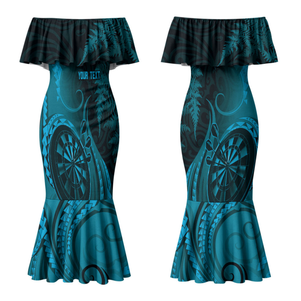 Personalised New Zealand Turquoise Darts Couples Matching Mermaid Dress and Hawaiian Shirt Maori Fern Curve Style
