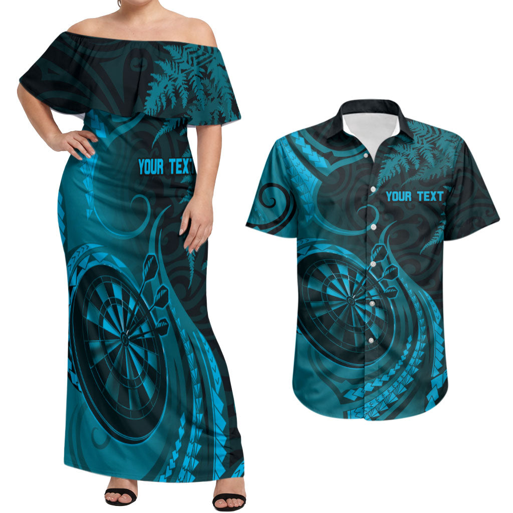 Personalised New Zealand Turquoise Darts Couples Matching Off Shoulder Maxi Dress and Hawaiian Shirt Maori Fern Curve Style