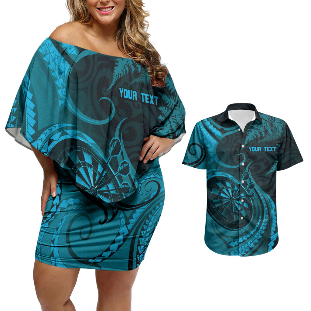 Personalised New Zealand Turquoise Darts Couples Matching Off Shoulder Short Dress and Hawaiian Shirt Maori Fern Curve Style