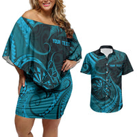 Personalised New Zealand Turquoise Darts Couples Matching Off Shoulder Short Dress and Hawaiian Shirt Maori Fern Curve Style