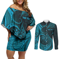 Personalised New Zealand Turquoise Darts Couples Matching Off Shoulder Short Dress and Long Sleeve Button Shirt Maori Fern Curve Style