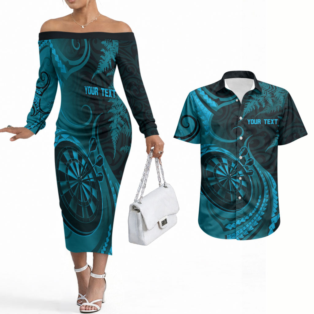 Personalised New Zealand Turquoise Darts Couples Matching Off The Shoulder Long Sleeve Dress and Hawaiian Shirt Maori Fern Curve Style