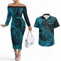 Personalised New Zealand Turquoise Darts Couples Matching Off The Shoulder Long Sleeve Dress and Hawaiian Shirt Maori Fern Curve Style