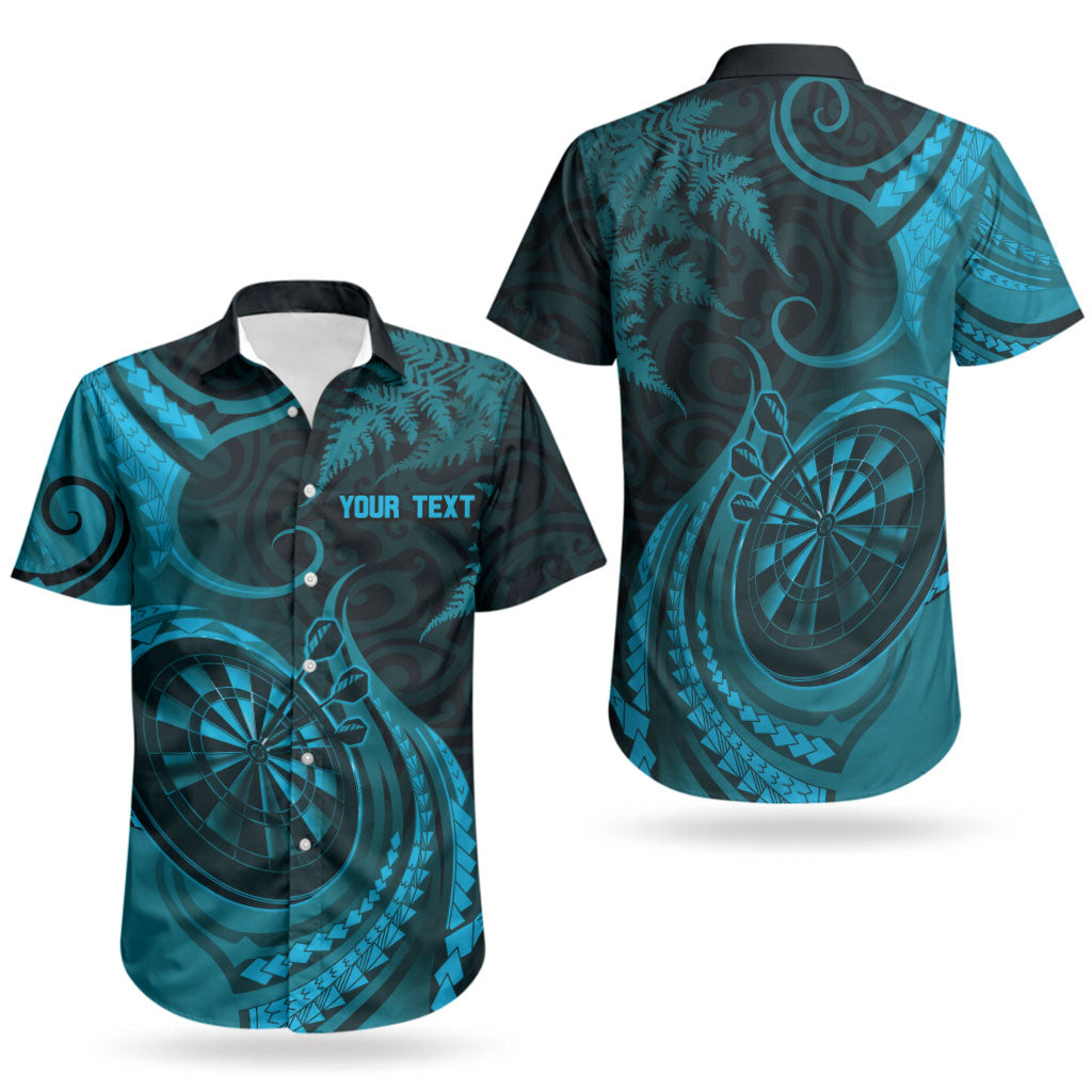 Personalised New Zealand Turquoise Darts Couples Matching Off The Shoulder Long Sleeve Dress and Hawaiian Shirt Maori Fern Curve Style