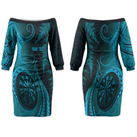 Personalised New Zealand Turquoise Darts Couples Matching Off The Shoulder Long Sleeve Dress and Hawaiian Shirt Maori Fern Curve Style