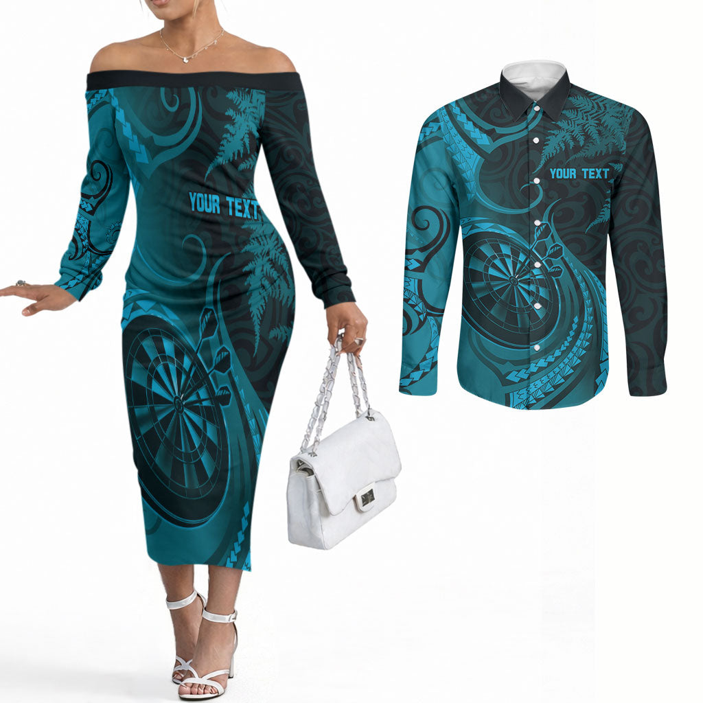 Personalised New Zealand Turquoise Darts Couples Matching Off The Shoulder Long Sleeve Dress and Long Sleeve Button Shirt Maori Fern Curve Style