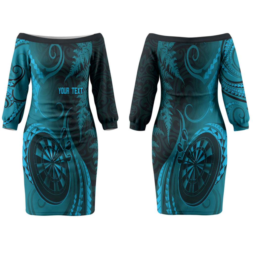 Personalised New Zealand Turquoise Darts Couples Matching Off The Shoulder Long Sleeve Dress and Long Sleeve Button Shirt Maori Fern Curve Style