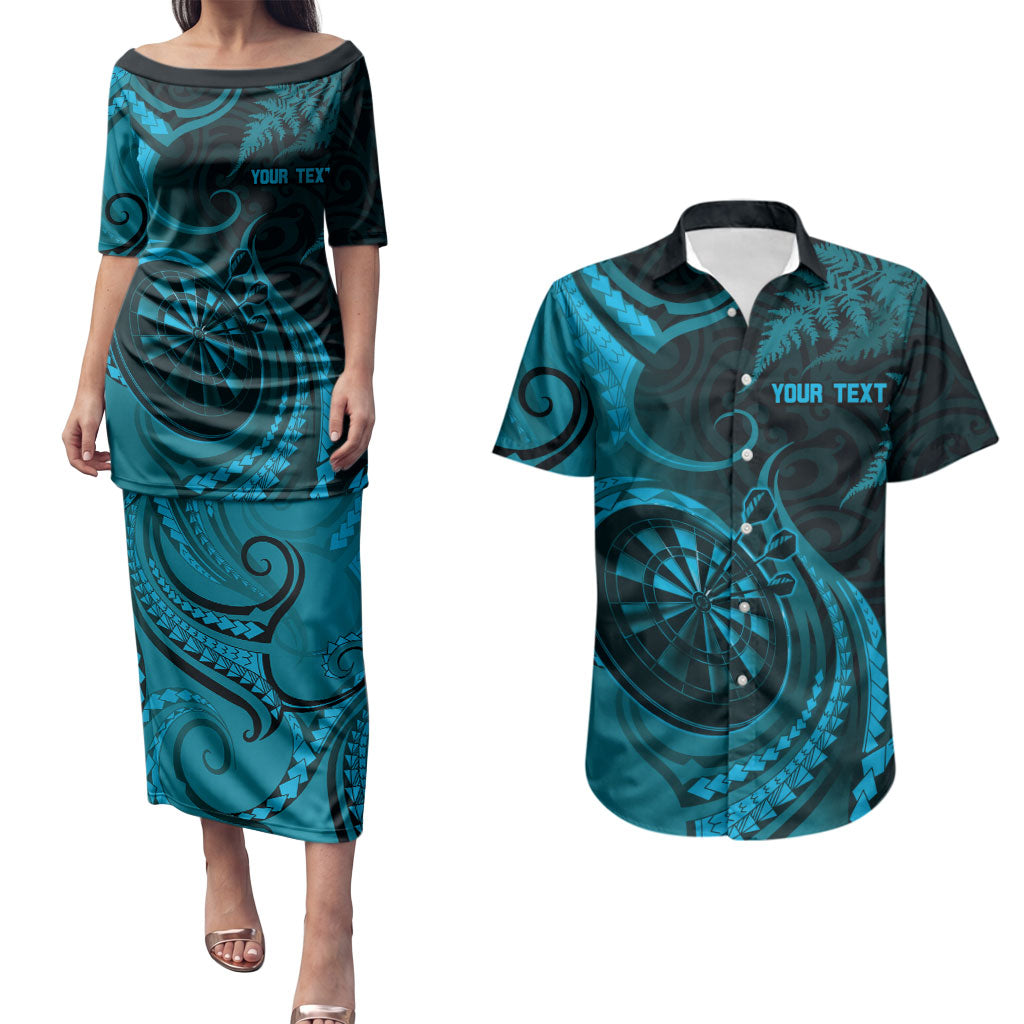 Personalised New Zealand Turquoise Darts Couples Matching Puletasi and Hawaiian Shirt Maori Fern Curve Style