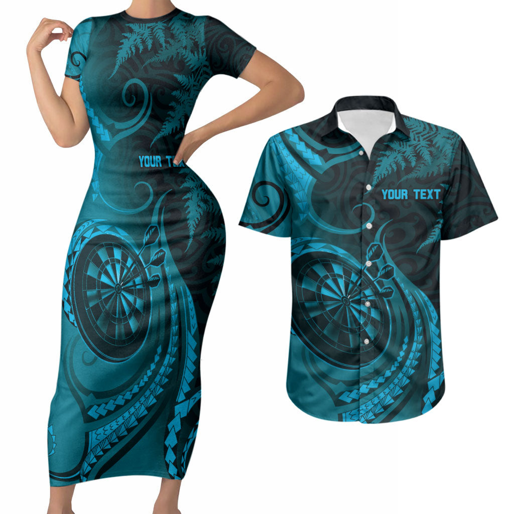 Personalised New Zealand Turquoise Darts Couples Matching Short Sleeve Bodycon Dress and Hawaiian Shirt Maori Fern Curve Style