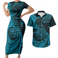 Personalised New Zealand Turquoise Darts Couples Matching Short Sleeve Bodycon Dress and Hawaiian Shirt Maori Fern Curve Style
