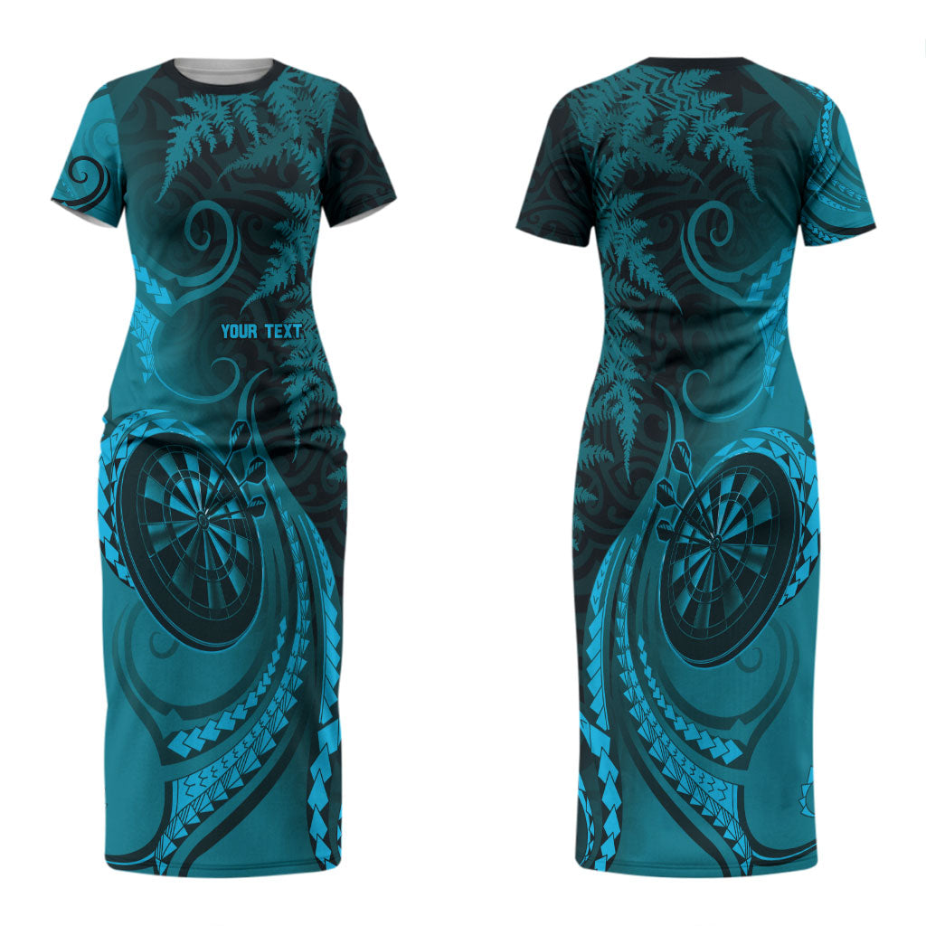 Personalised New Zealand Turquoise Darts Couples Matching Short Sleeve Bodycon Dress and Hawaiian Shirt Maori Fern Curve Style