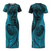 Personalised New Zealand Turquoise Darts Couples Matching Short Sleeve Bodycon Dress and Hawaiian Shirt Maori Fern Curve Style