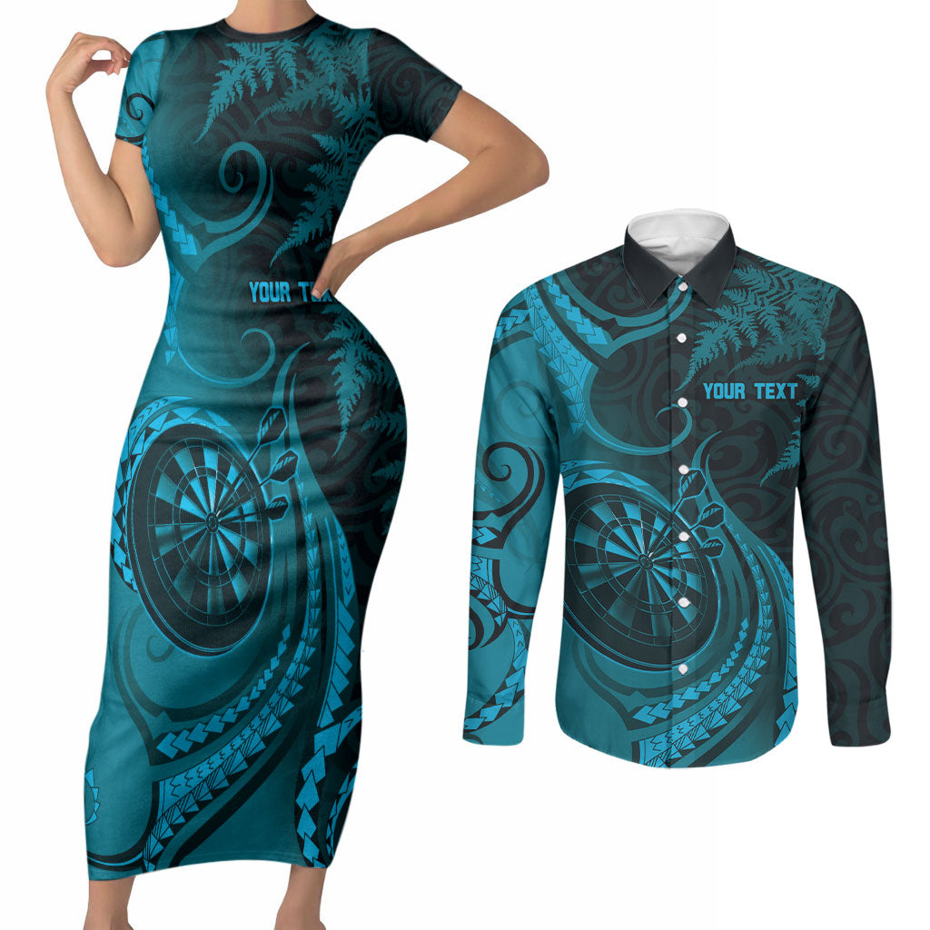 Personalised New Zealand Turquoise Darts Couples Matching Short Sleeve Bodycon Dress and Long Sleeve Button Shirt Maori Fern Curve Style