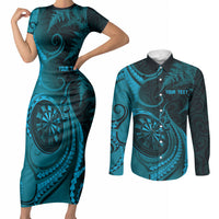 Personalised New Zealand Turquoise Darts Couples Matching Short Sleeve Bodycon Dress and Long Sleeve Button Shirt Maori Fern Curve Style