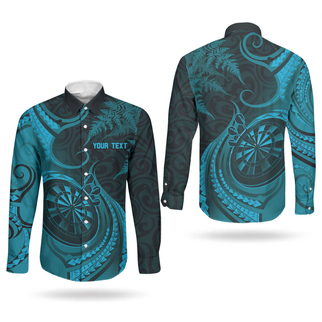 Personalised New Zealand Turquoise Darts Couples Matching Short Sleeve Bodycon Dress and Long Sleeve Button Shirt Maori Fern Curve Style