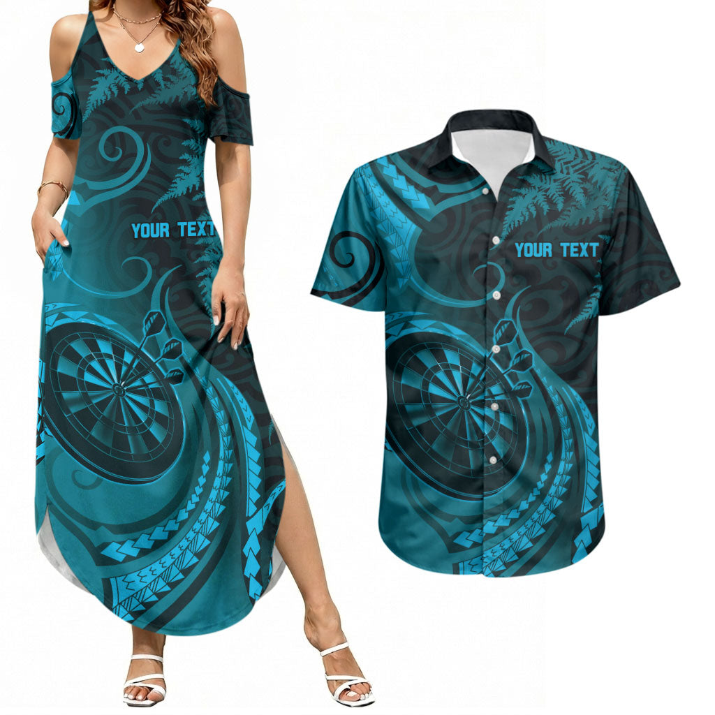Personalised New Zealand Turquoise Darts Couples Matching Summer Maxi Dress and Hawaiian Shirt Maori Fern Curve Style