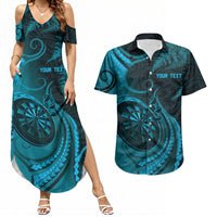 Personalised New Zealand Turquoise Darts Couples Matching Summer Maxi Dress and Hawaiian Shirt Maori Fern Curve Style