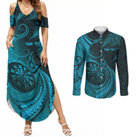 Personalised New Zealand Turquoise Darts Couples Matching Summer Maxi Dress and Long Sleeve Button Shirt Maori Fern Curve Style