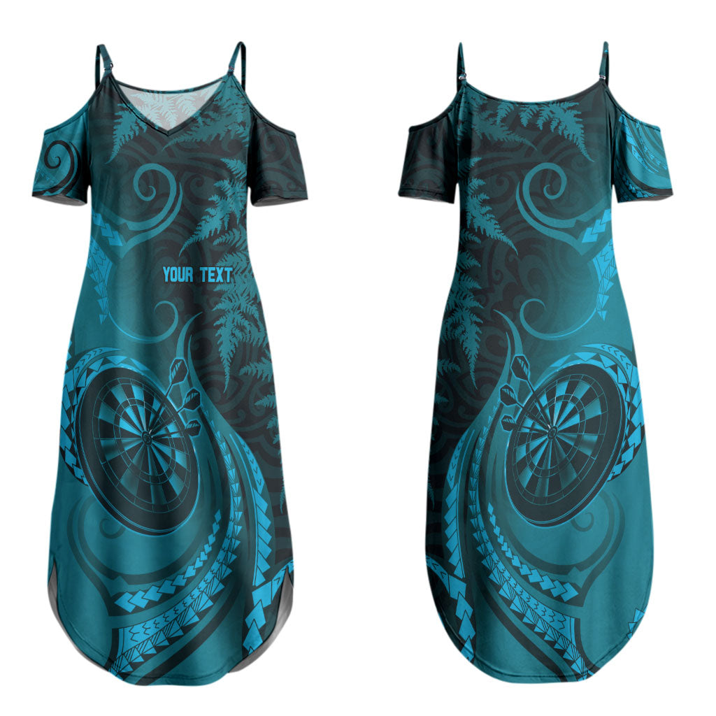 Personalised New Zealand Turquoise Darts Couples Matching Summer Maxi Dress and Long Sleeve Button Shirt Maori Fern Curve Style