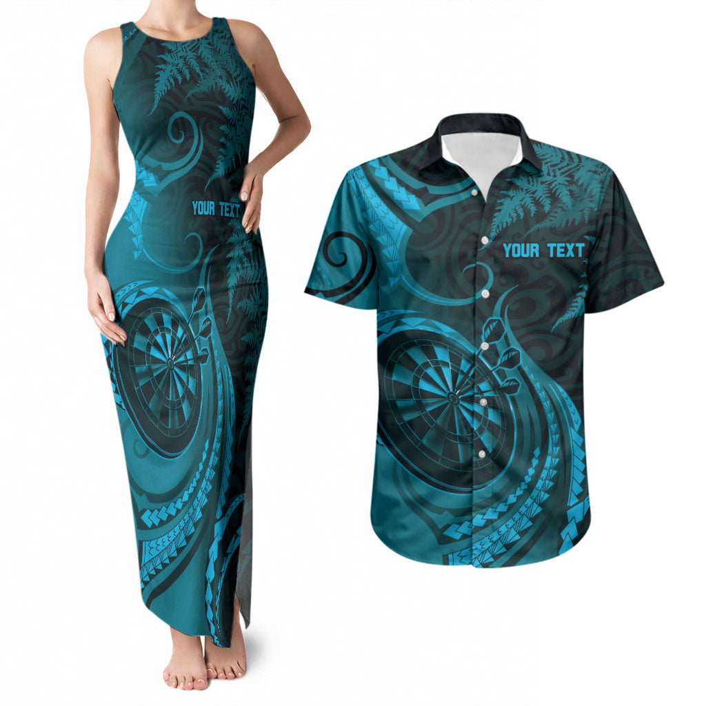 Personalised New Zealand Turquoise Darts Couples Matching Tank Maxi Dress and Hawaiian Shirt Maori Fern Curve Style