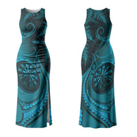 Personalised New Zealand Turquoise Darts Couples Matching Tank Maxi Dress and Hawaiian Shirt Maori Fern Curve Style
