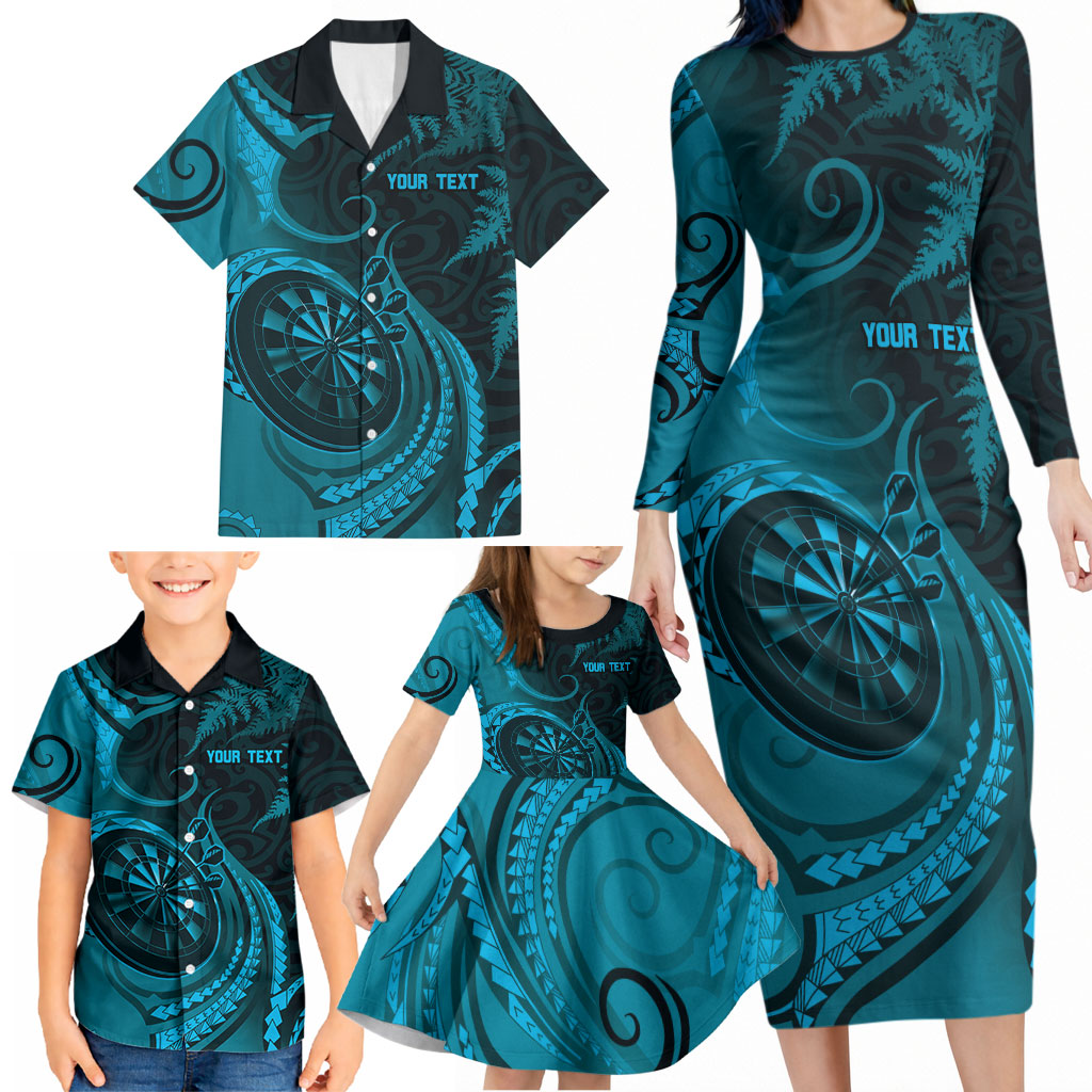 Personalised New Zealand Turquoise Darts Family Matching Long Sleeve Bodycon Dress and Hawaiian Shirt Maori Fern Curve Style