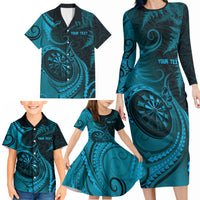 Personalised New Zealand Turquoise Darts Family Matching Long Sleeve Bodycon Dress and Hawaiian Shirt Maori Fern Curve Style