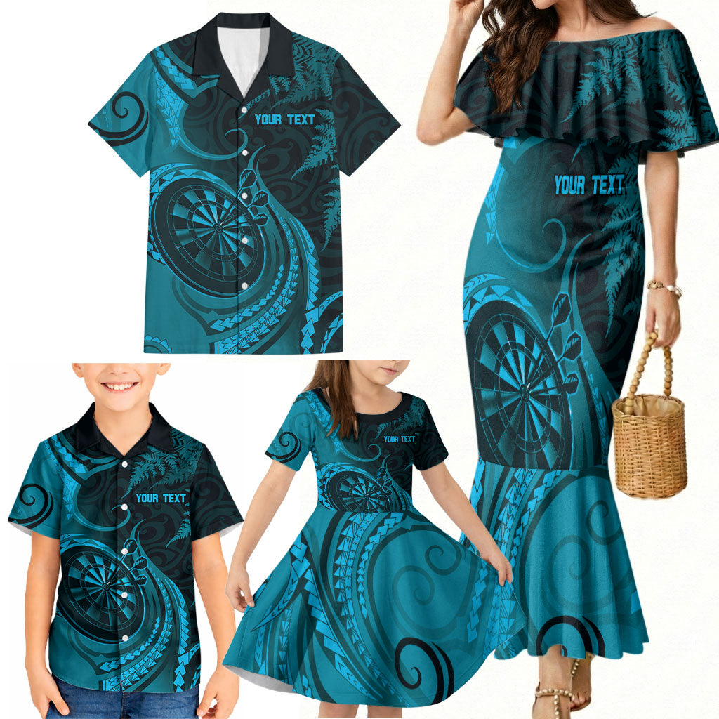 Personalised New Zealand Turquoise Darts Family Matching Mermaid Dress and Hawaiian Shirt Maori Fern Curve Style