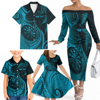 Personalised New Zealand Turquoise Darts Family Matching Off The Shoulder Long Sleeve Dress and Hawaiian Shirt Maori Fern Curve Style