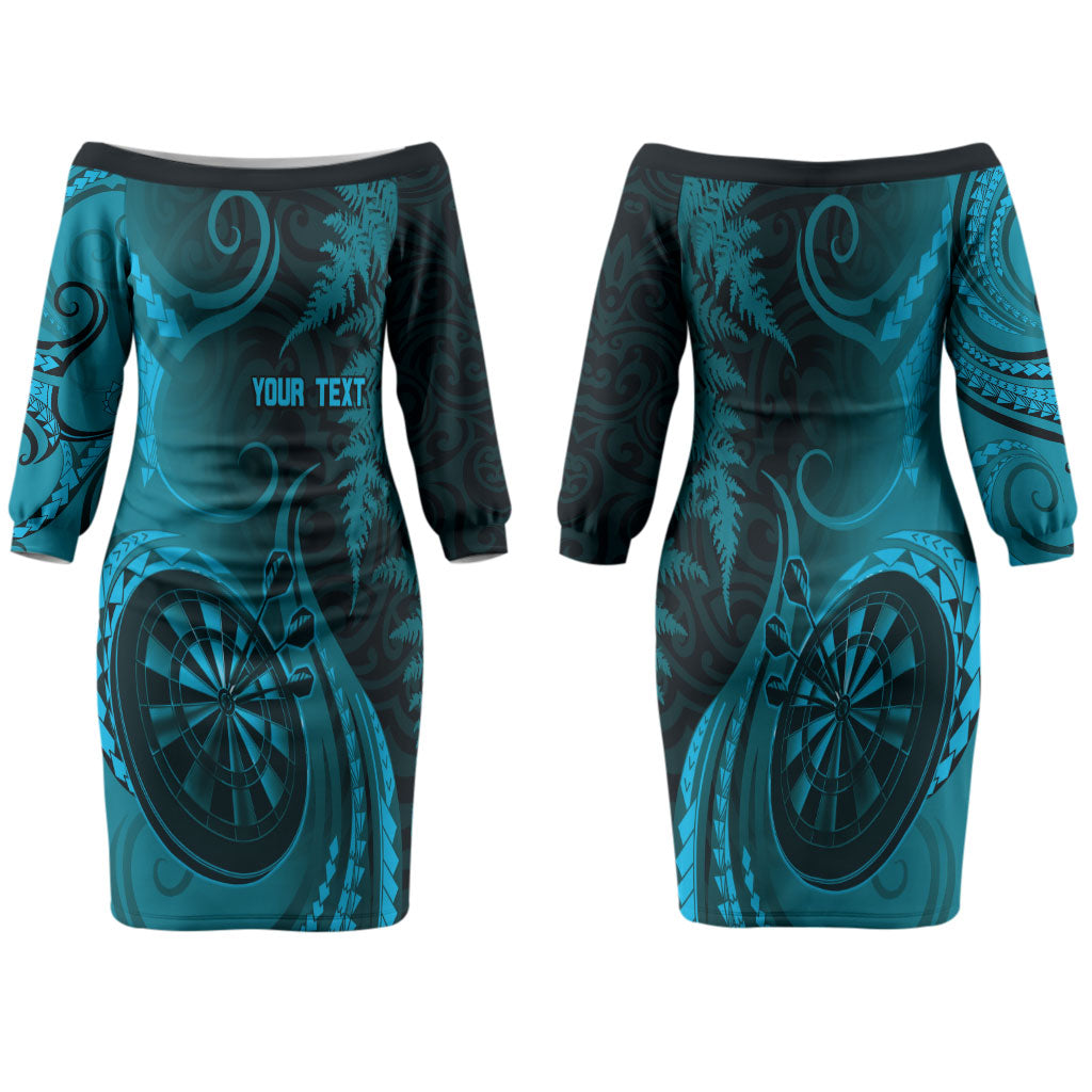 Personalised New Zealand Turquoise Darts Family Matching Off The Shoulder Long Sleeve Dress and Hawaiian Shirt Maori Fern Curve Style