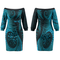 Personalised New Zealand Turquoise Darts Family Matching Off The Shoulder Long Sleeve Dress and Hawaiian Shirt Maori Fern Curve Style